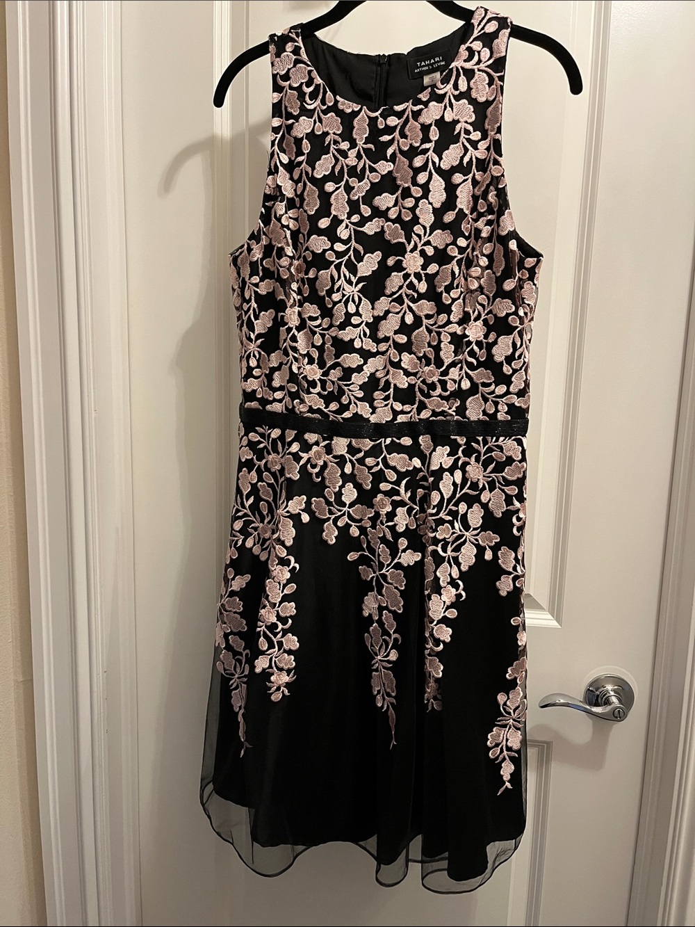 Tahari ASL Black Cocktail Fit and Flair Dress with Blush Pink Floral Embroidery